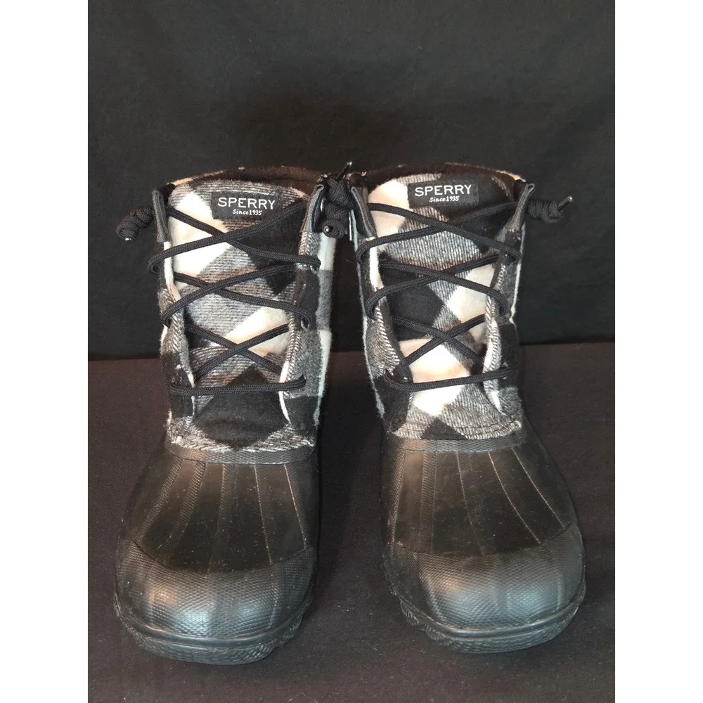 Sperry Saltwater Duck‎ Boots Women's Black Plaid Wool Waterproof Lace Up Ankle